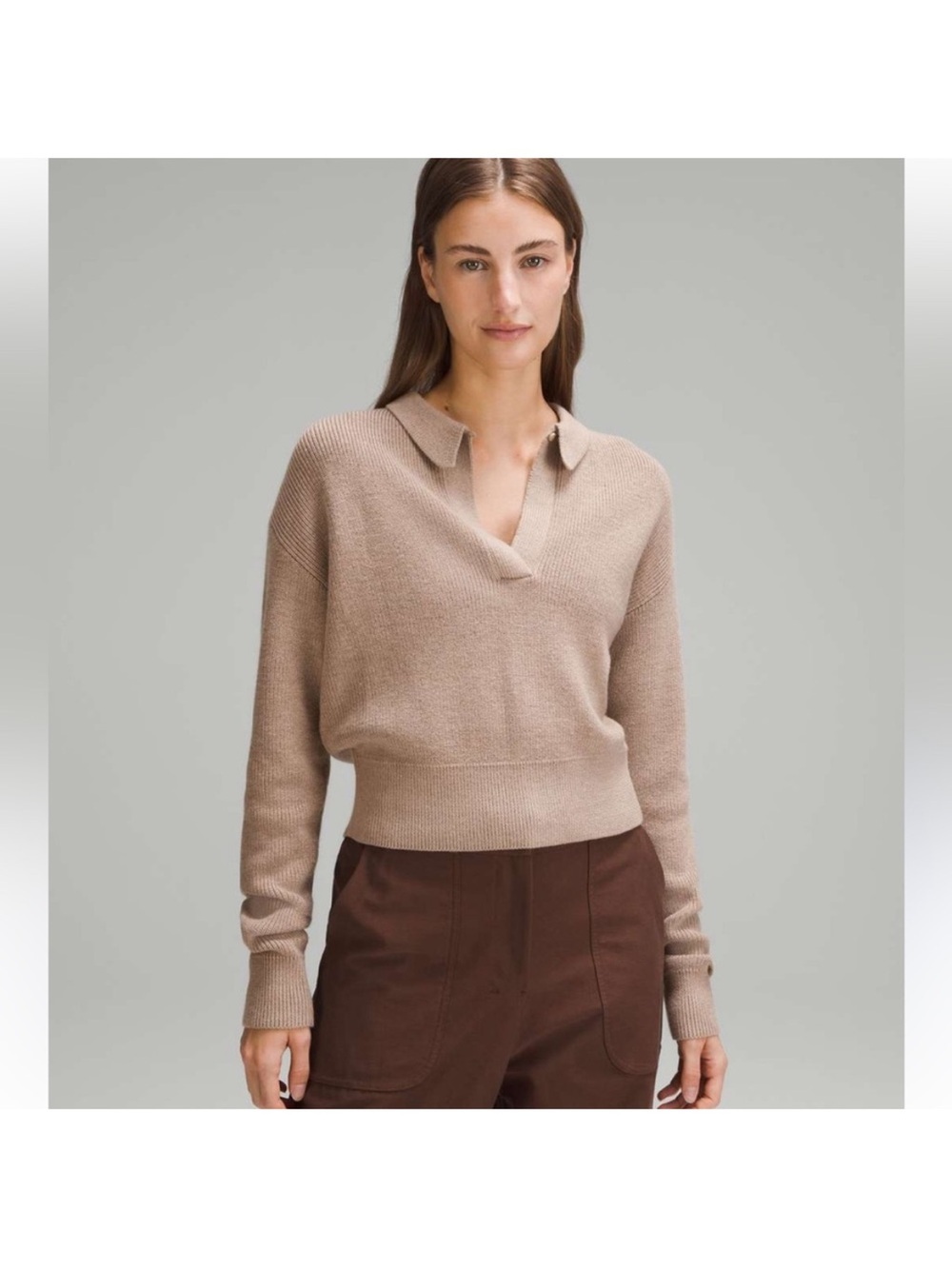 Women's Lululemon Collared Merino Wool V-Neck Pullover Sweater - Taupe
